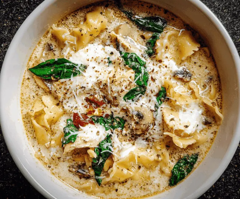 Creamy White Lasagna Soup with ricotta cheese, spinach, and melted mozzarella topped with fresh herbs in a bowl