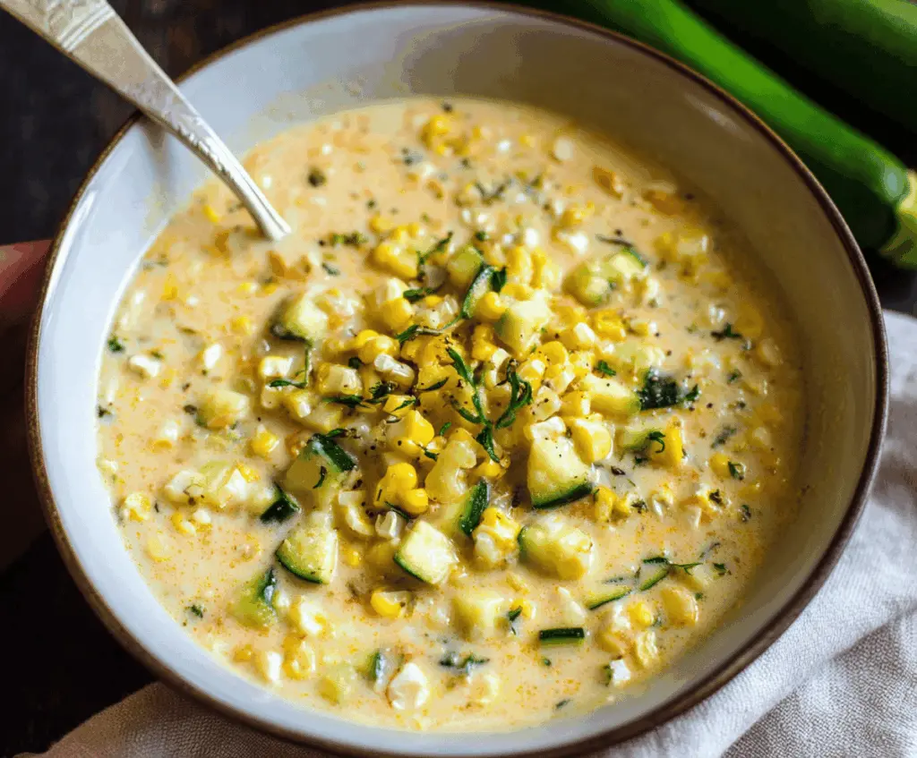 Creamy zucchini and corn chowder in a bowl topped with fresh herbs, served with crusty bread