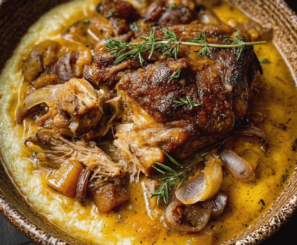 Tender pork shoulder braised in flavorful apple cider, garnished with fresh herbs, served in a rustic dish perfect for a comforting meal.