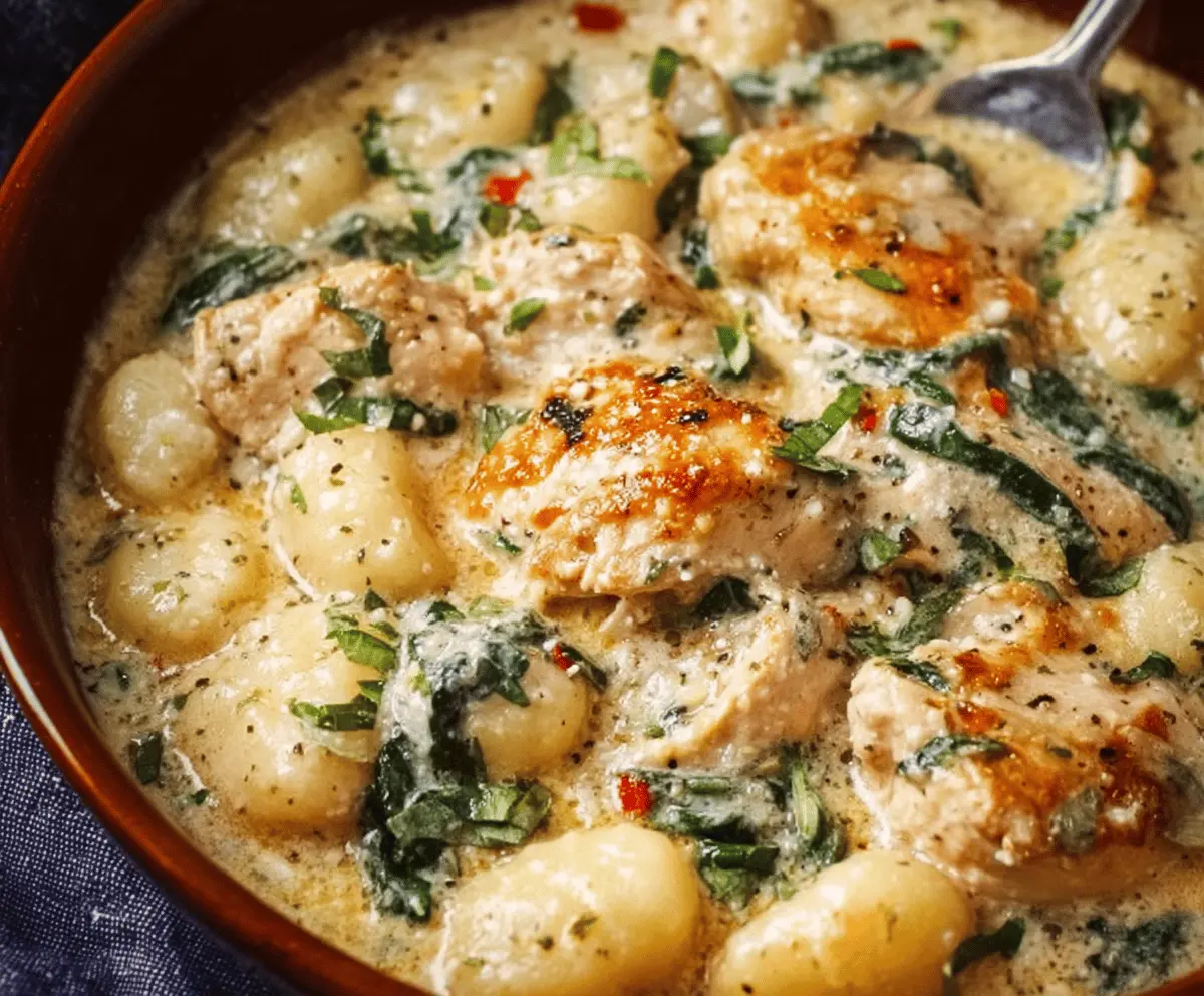 Creamy Asiago Chicken Gnocchi dish with tender chicken, soft gnocchi, and melted Asiago cheese garnished with fresh herbs on a white plate.