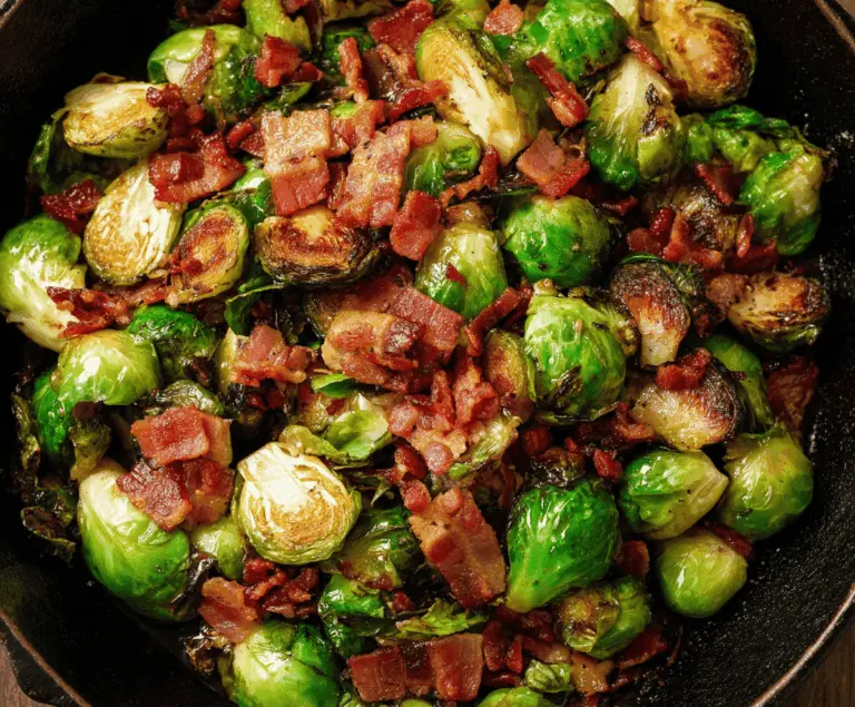 Delicious crispy bacon-wrapped Brussels sprouts garnished with fresh herbs, ready to serve as a savory appetizer or side dish.