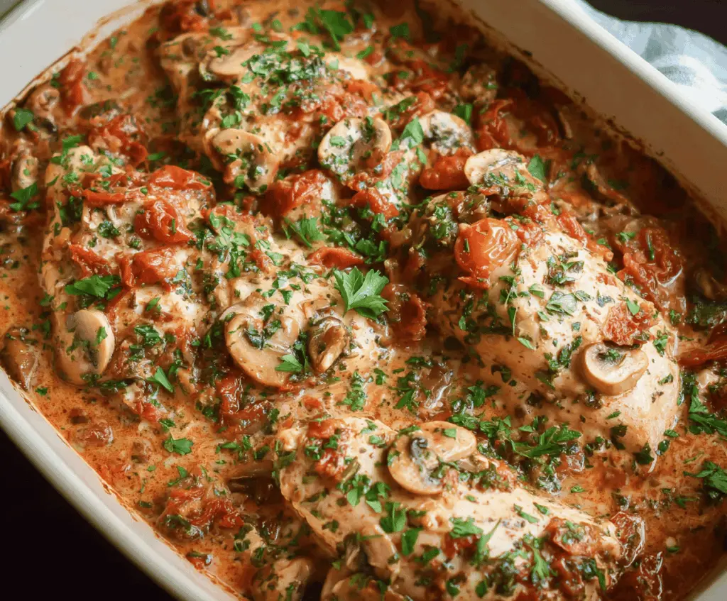 Delicious baked Tuscan chicken casserole topped with fresh herbs and melted cheese, served in a white baking dish