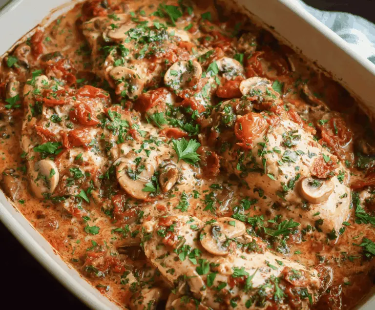 Delicious baked Tuscan chicken casserole topped with fresh herbs and melted cheese, served in a white baking dish