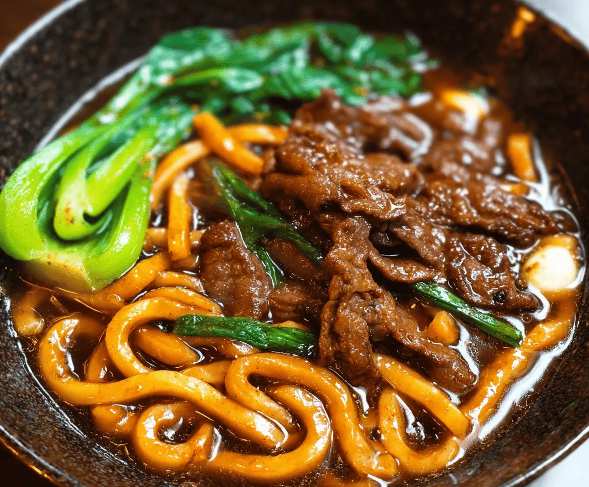 Savory beef black pepper udon noodles dish with sliced beef, black pepper sauce, and fresh vegetables on a white plate