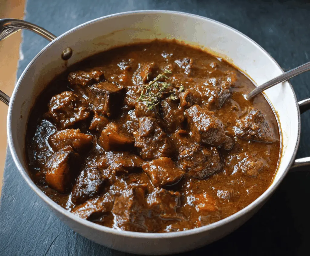Hearty beef carbonnade stew with tender beef chunks, caramelized onions, and rich gravy served in a rustic bowl