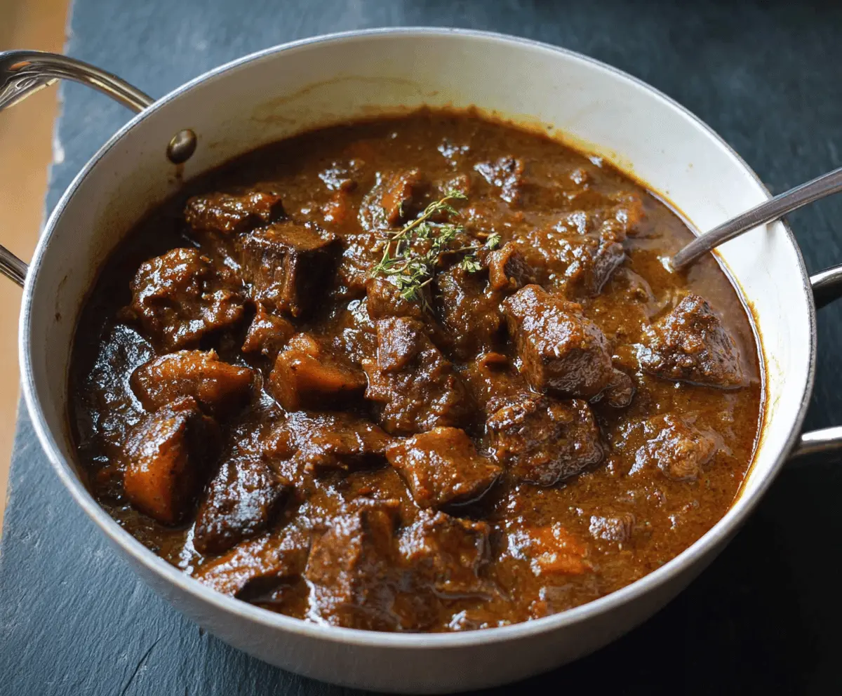 Hearty beef carbonnade stew with tender beef chunks, caramelized onions, and rich gravy served in a rustic bowl