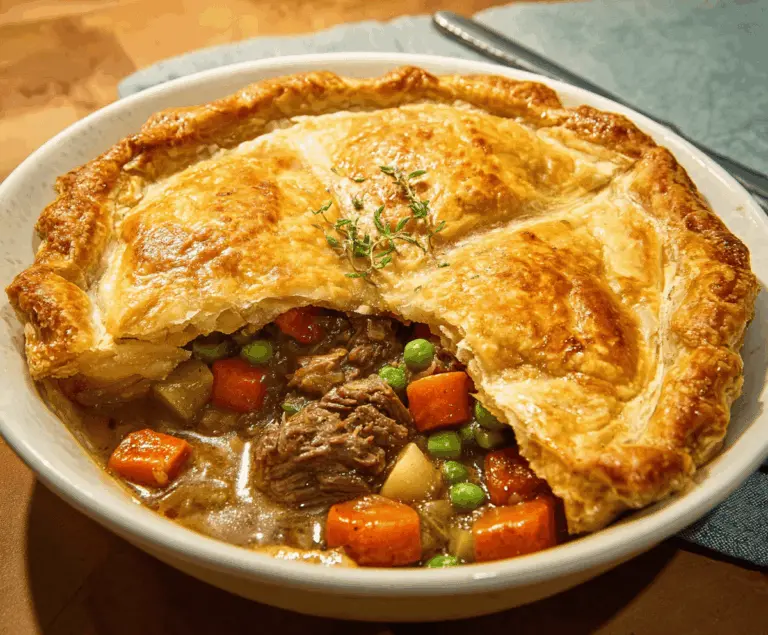Golden baked beef pot pie topped with flaky crust and savory beef, vegetables, and gravy inside, served hot.