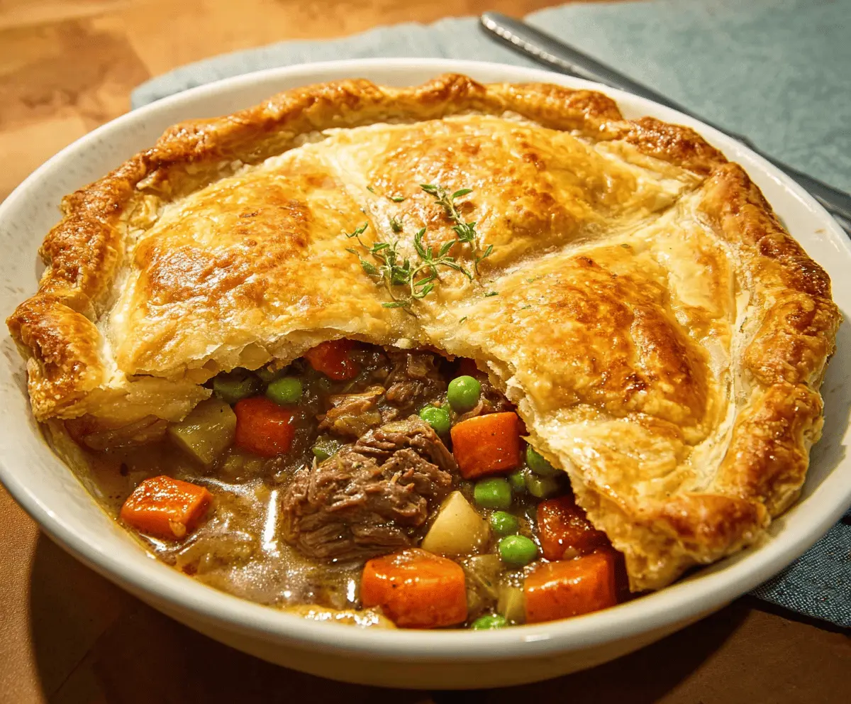Golden baked beef pot pie topped with flaky crust and savory beef, vegetables, and gravy inside, served hot.