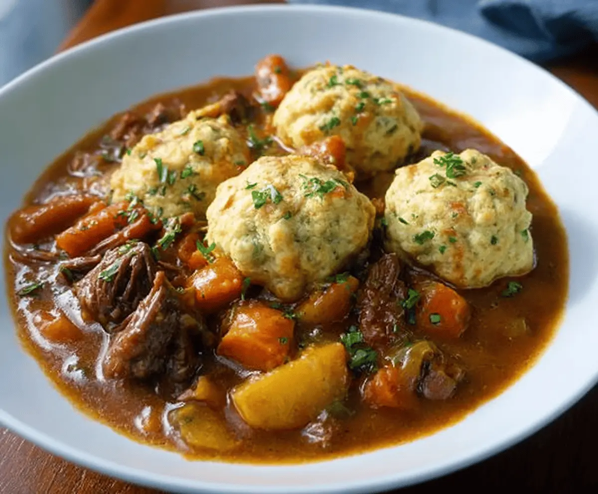 Hearty beef stew with tender meat, vegetables, and fluffy dumplings served in a rustic bowl