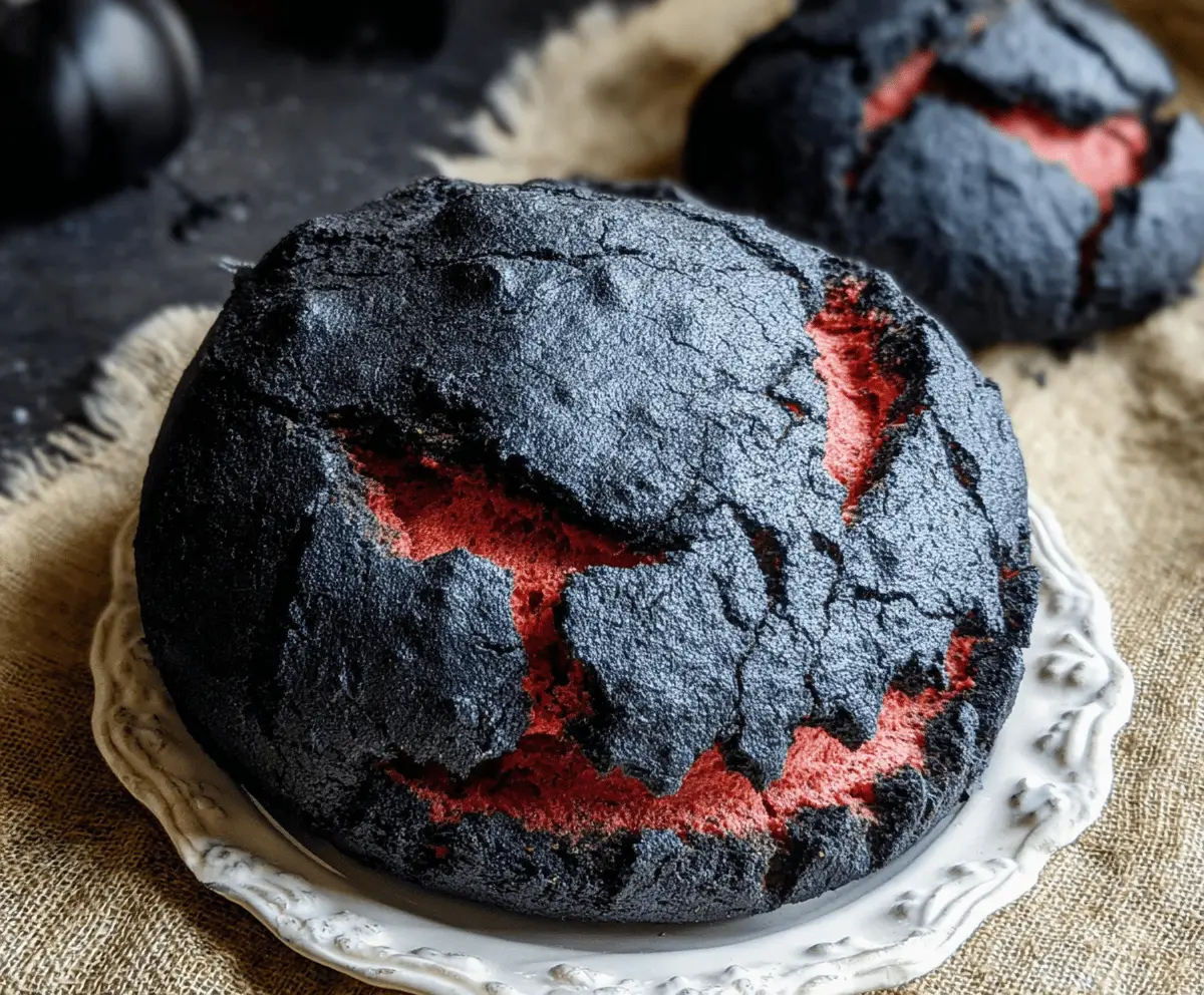 Dark and spooky Black Halloween Brimstone Bread featuring smoky black bread with eerie garnishes, perfect for Halloween festivities.