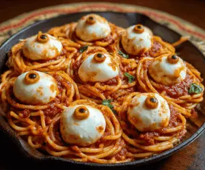 Bloody Spaghetti with Mozzarella Eyeballs