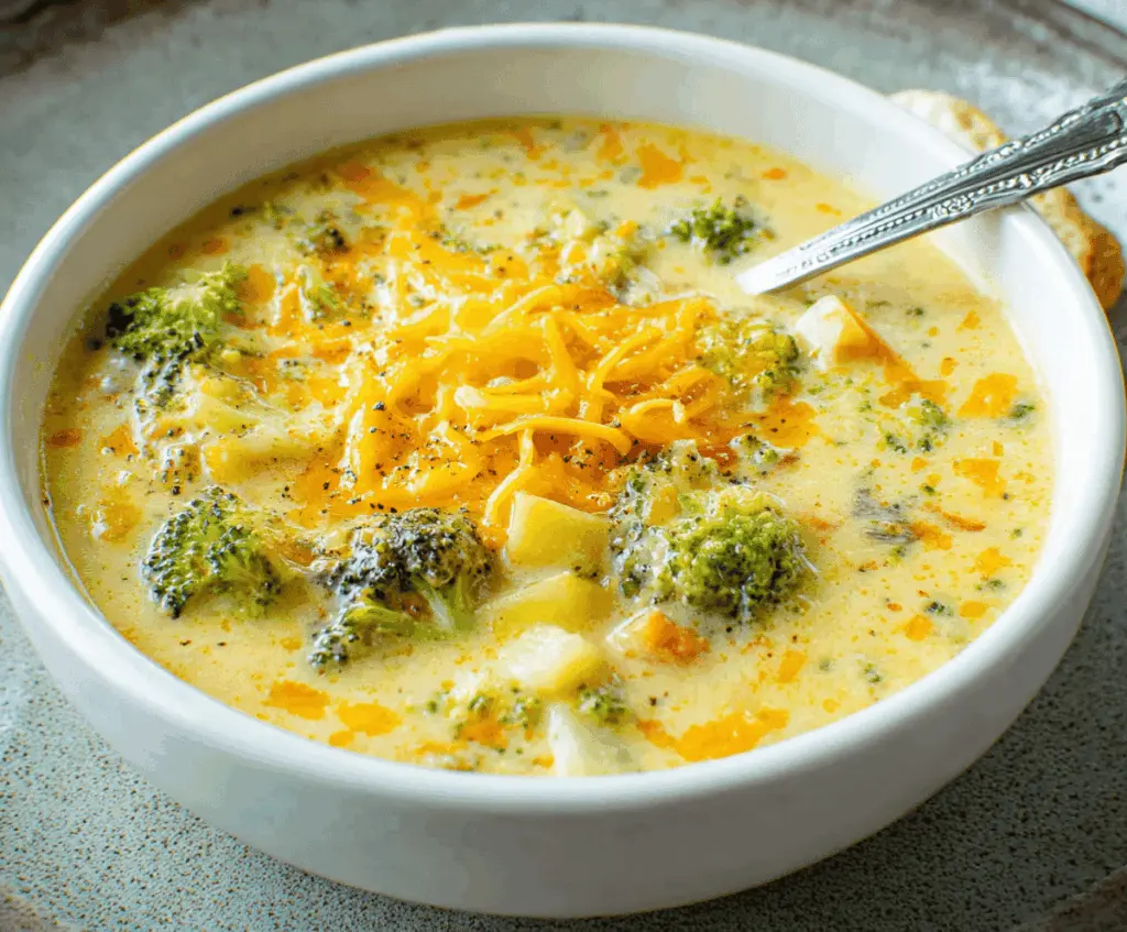 Creamy broccoli, potato, and cheese soup served in a bowl, garnished with fresh herbs, perfect for a warm, hearty meal.
