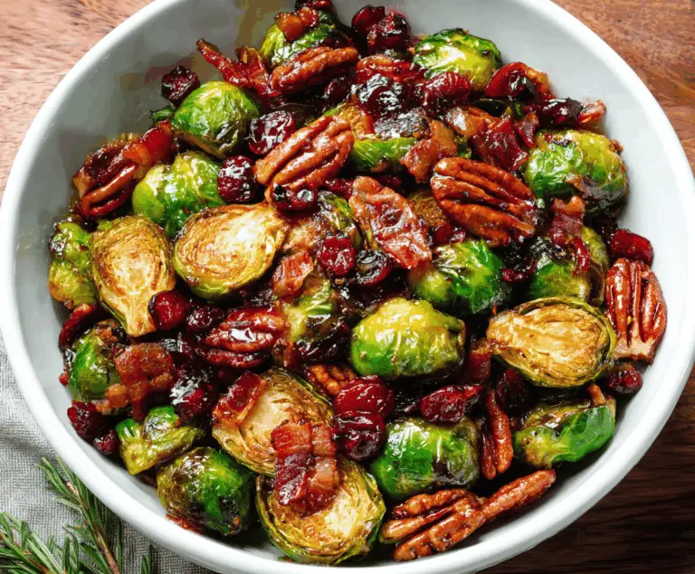 Delicious Brussels sprouts salad with crispy bacon, toasted pecans, tart cranberries, and a glossy balsamic glaze