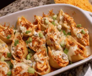 Creamy buffalo chicken stuffed shells topped with melted cheese, garnished with green onions and served with celery sticks for a flavorful appetizer or main dish.