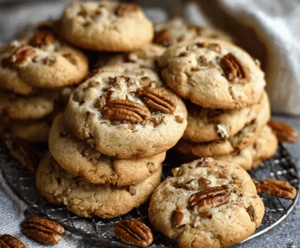 Golden Butter Pecan Cookies with a crispy exterior and rich, nutty flavor on a rustic plate.
