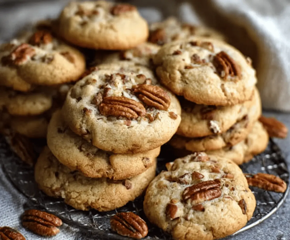 Golden Butter Pecan Cookies with a crispy exterior and rich, nutty flavor on a rustic plate.