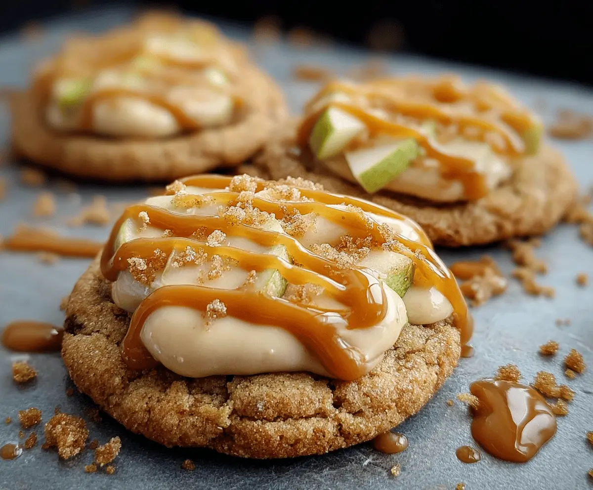 Delicious caramel apple cookies with a golden-brown crust and caramel drizzle on top.