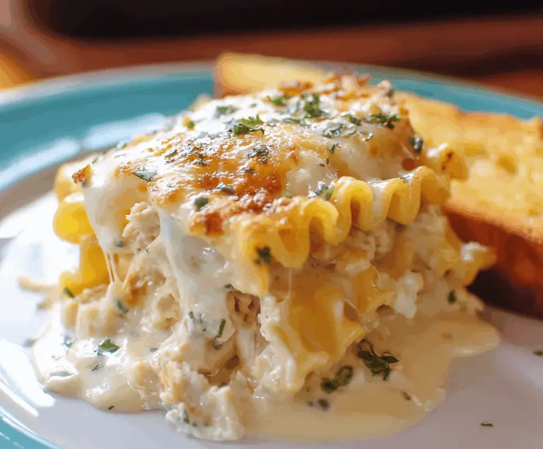 Delicious Cheesy Chicken Alfredo Lasagna Rolls topped with melted cheese and fresh herbs, served on a white plate