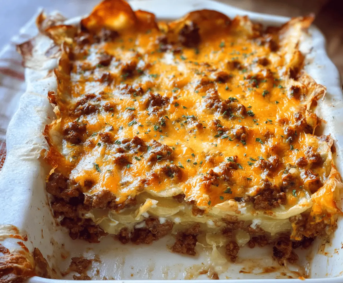 Delicious cheesy ground beef and potato casserole topped with melted cheese and fresh herbs, served hot and ready to enjoy