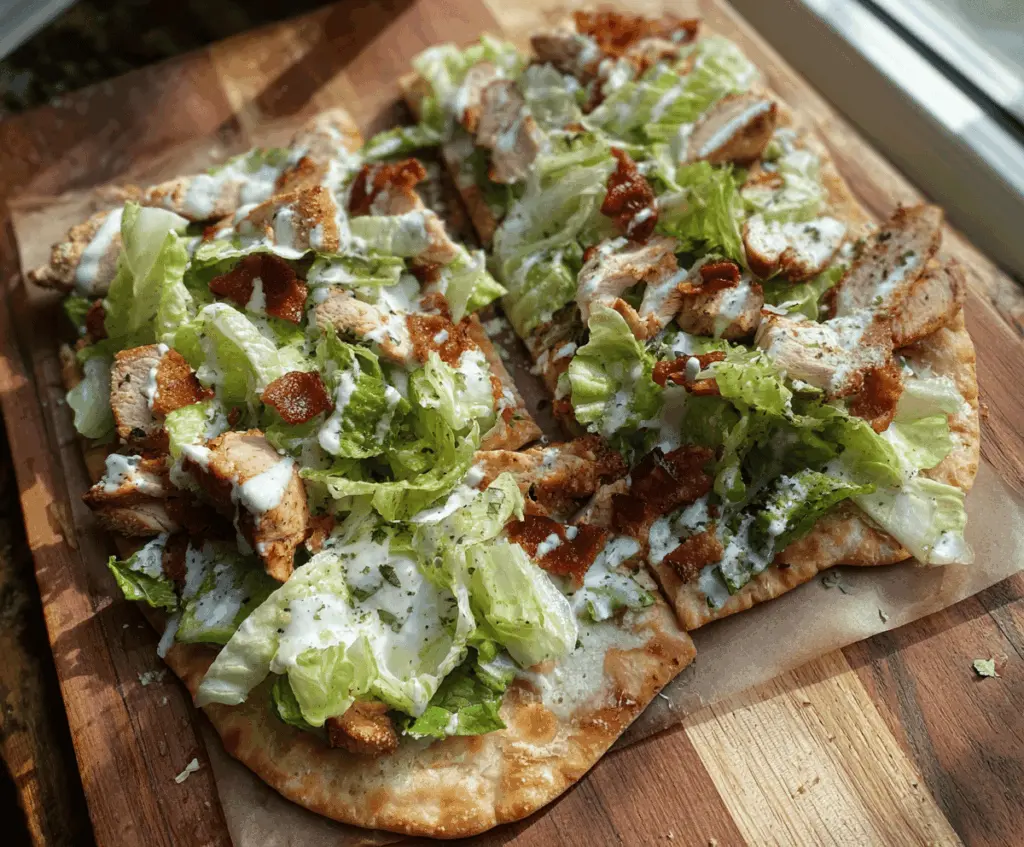 Delicious Chicken Caesar Flatbread topped with grilled chicken, romaine lettuce, Parmesan cheese, and creamy Caesar dressing on a crispy flatbread.