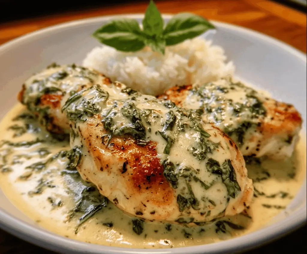 Delicious chicken in basil cream sauce served on a white plate, garnished with fresh basil leaves.