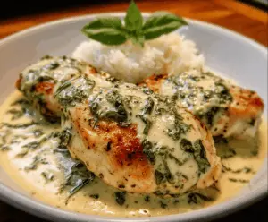 Delicious chicken in basil cream sauce served on a white plate, garnished with fresh basil leaves.