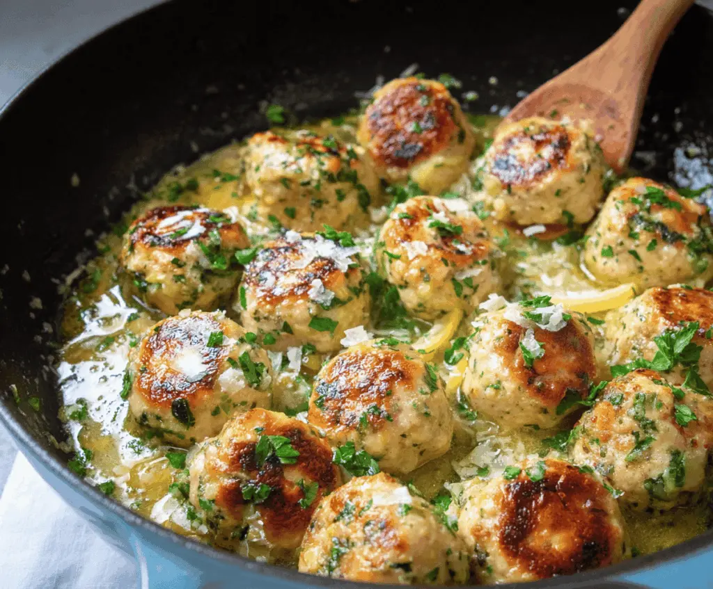 Delicious Chicken Piccata Meatballs served with lemon and capers for a savory flavor.