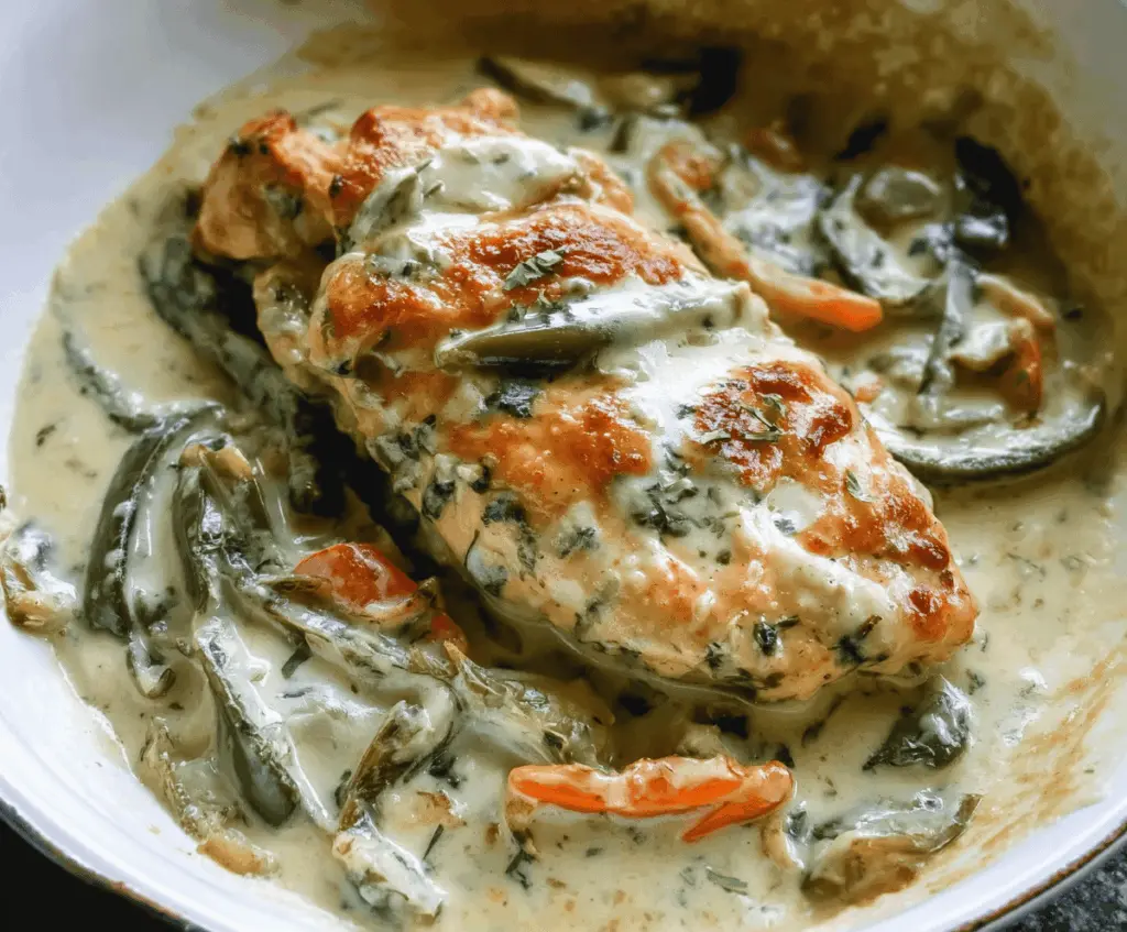 Delicious Chicken Poblano Casserole topped with creamy sauce and melted cheese, served in a baking dish