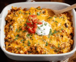Delicious chicken taco casserole topped with melted cheese and fresh vegetables