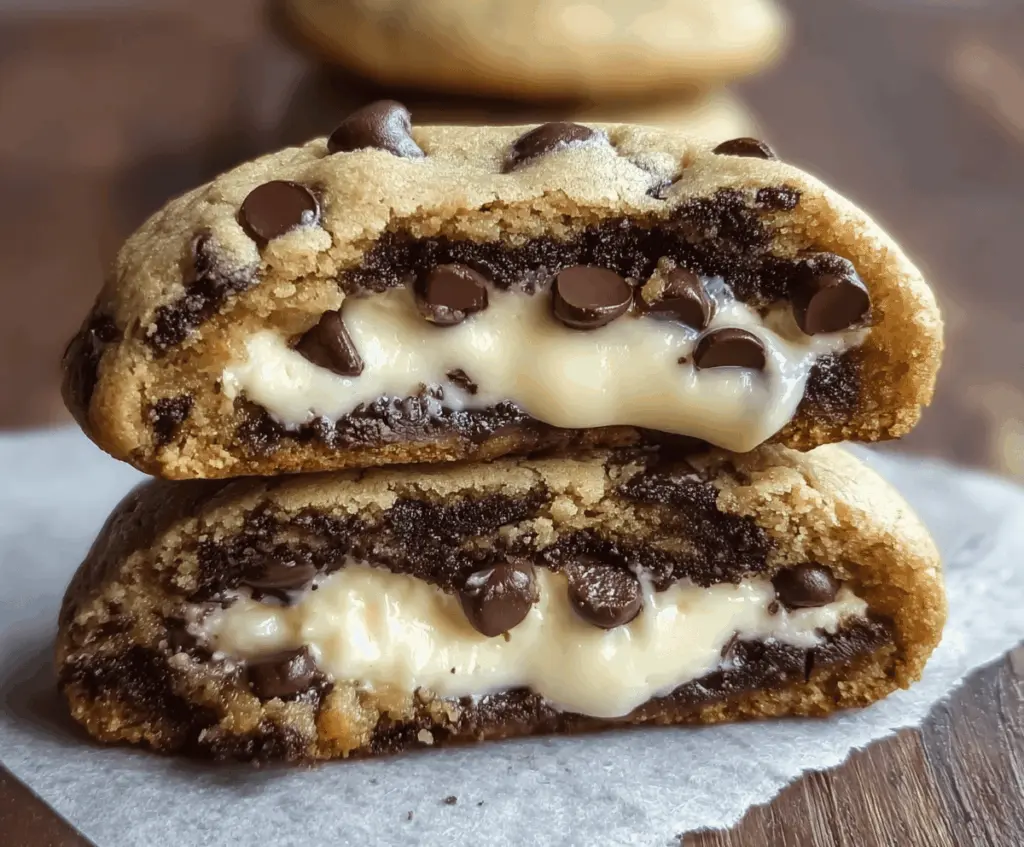 Delicious homemade chocolate chip cookies filled with creamy cheesecake, perfect for satisfying sweet cravings