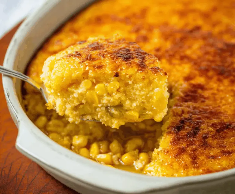 Creamy Corn Pudding topped with fresh herbs, served in a baking dish for a delicious Southern side dish.