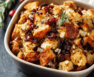 A bowl of fresh cranberry and apple stuffing garnished with herbs, ready to serve as a flavorful side dish for Thanksgiving or holiday meals.