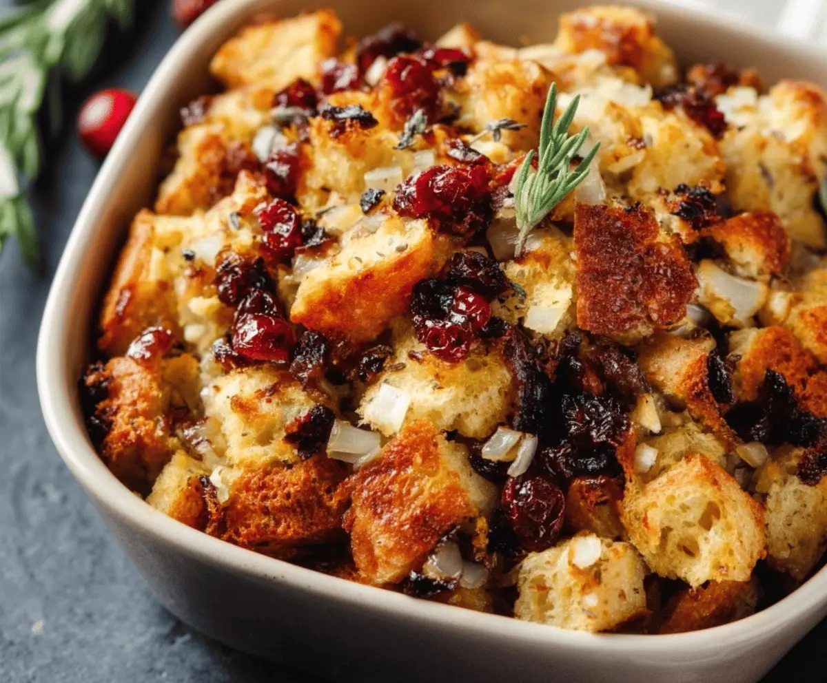 A bowl of fresh cranberry and apple stuffing garnished with herbs, ready to serve as a flavorful side dish for Thanksgiving or holiday meals.