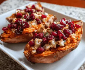 Delicious cranberry apple twice-baked sweet potatoes served in a rustic bowl, highlighting a vibrant and nutritious holiday dish.