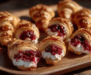 Cranberry Cream Cheese Crescent Bites on a plate, garnished with fresh cranberries and mint for a festive snack.