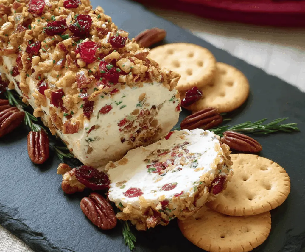 Delicious Cranberry Pecan Cheese Log with fresh cranberries and crunchy pecans on a cheese platter
