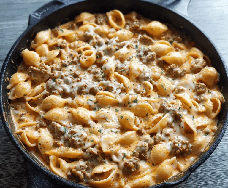Creamy beef and shell pasta dish topped with melted cheese and fresh herbs, featuring tender ground beef in a rich, savory sauce