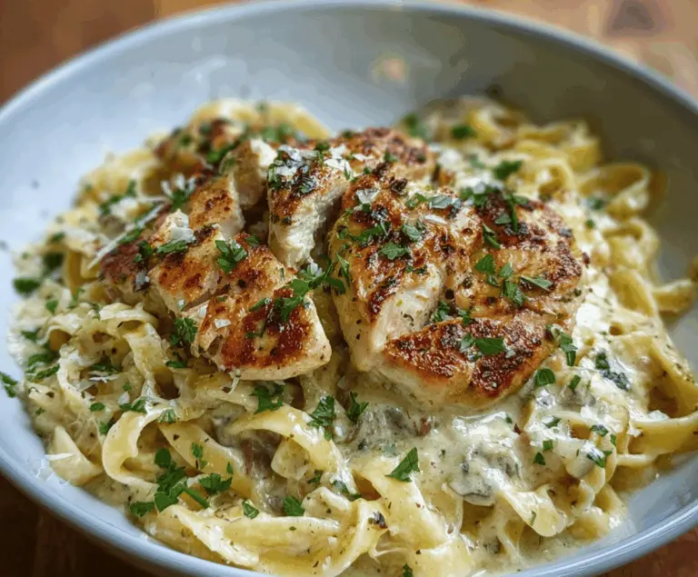 Creamy Garlic Parmesan Chicken Pasta dish garnished with fresh herbs, featuring tender chicken, al dente pasta, and a rich, cheesy sauce