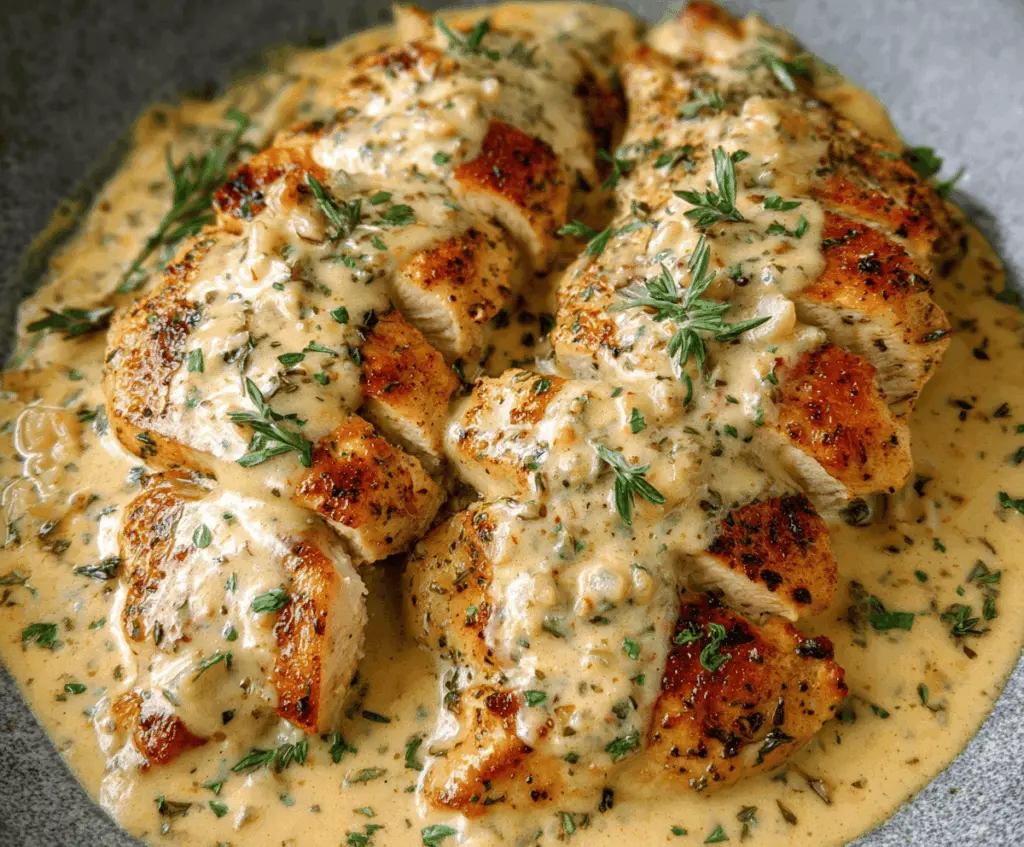 Creamy Ranch Chicken served with fresh herbs and vegetables on a white plate, featuring a rich, flavorful sauce perfect for a comforting dinner.