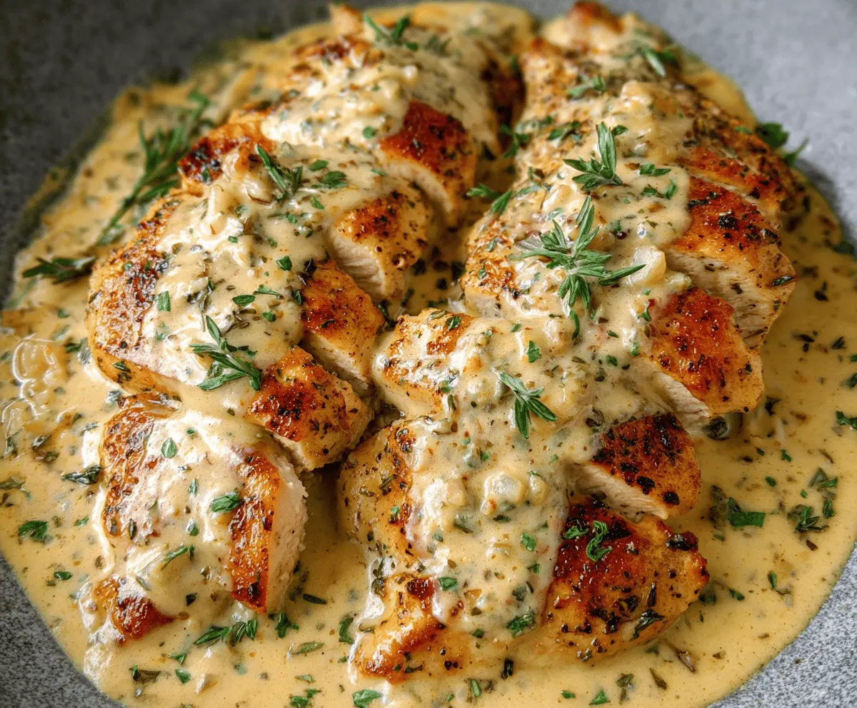 Creamy Ranch Chicken served with fresh herbs and vegetables on a white plate, featuring a rich, flavorful sauce perfect for a comforting dinner.