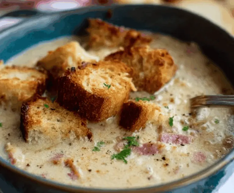 Creamy Reuben Soup in a bowl topped with melted cheese, corned beef, sauerkraut, and fresh herbs, served with a slice of rye bread on the side.