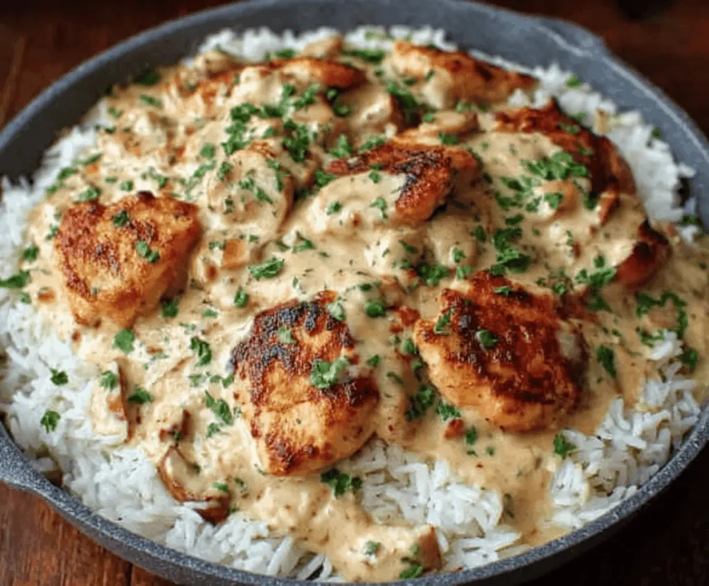 Creamy smothered chicken served over flavorful rice, garnished with herbs and a rich sauce for a hearty, comforting meal.