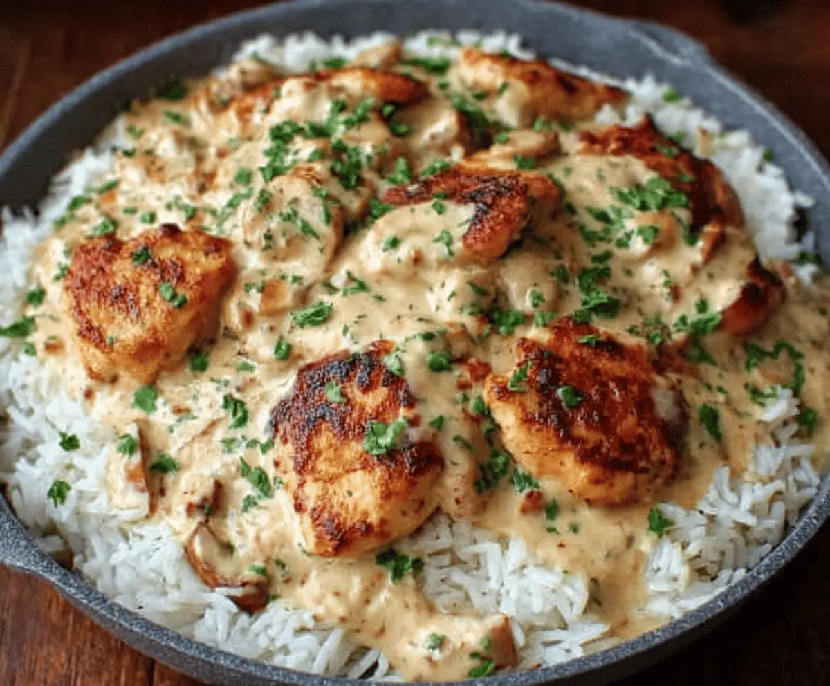 Creamy smothered chicken served over flavorful rice, garnished with herbs and a rich sauce for a hearty, comforting meal.
