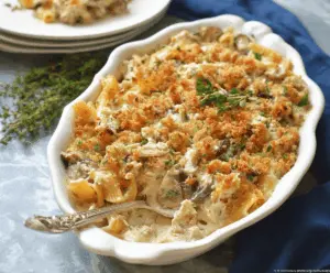 Delicious creamy turkey casserole topped with melted cheese and fresh herbs.