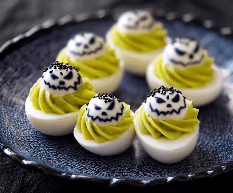 Spooky Creepy Deviled Eggs decorated with creepy faces for Halloween party, featuring green and black accents for a creepy effect