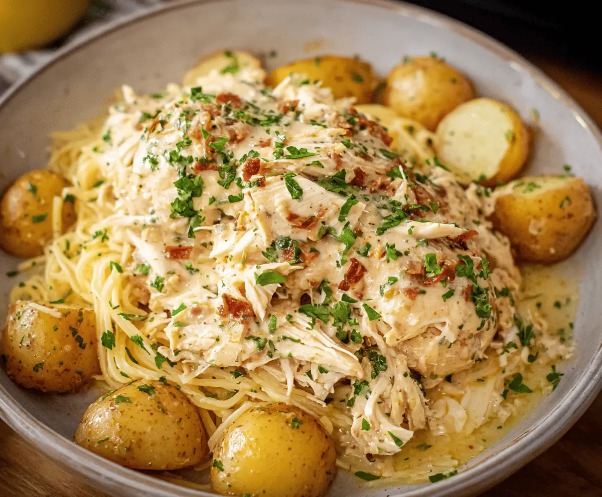 Creamy Crockpot Angel Chicken served over rice with fresh herbs and a flavorful sauce