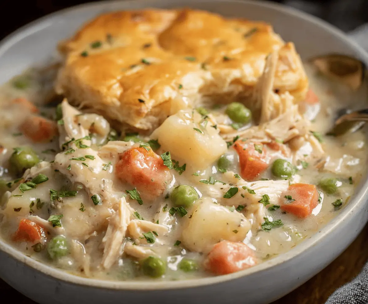 Creamy Crockpot Chicken Pot Pie topped with golden crust and fresh vegetables, perfect for a comforting family dinner.