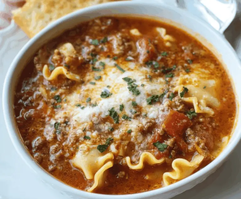 Creamy Crockpot Lasagna Soup in a bowl with melted cheese, fresh basil, and a spoon, ready to serve