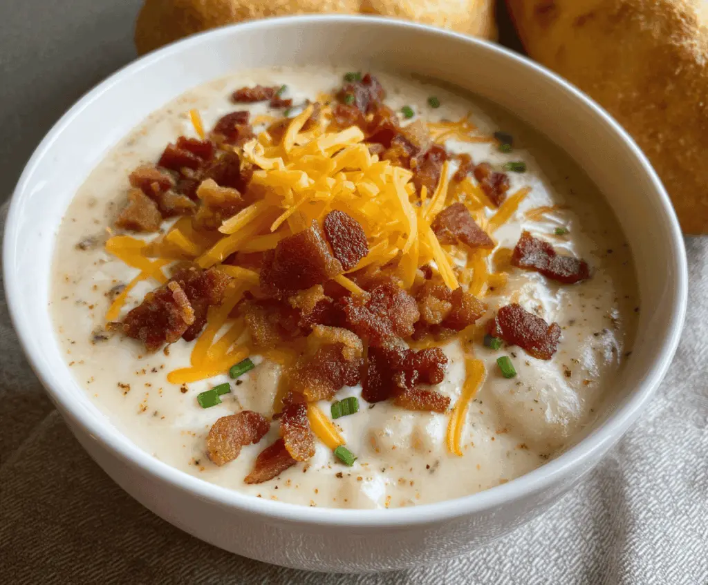 Creamy Crockpot Loaded Baked Potato Soup topped with shredded cheese, crispy bacon, chopped green onions, and sour cream in a cozy bowl