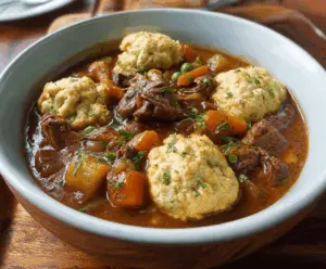 Hearty beef stew with tender meat, vegetables, and fluffy dumplings served in a rustic bowl